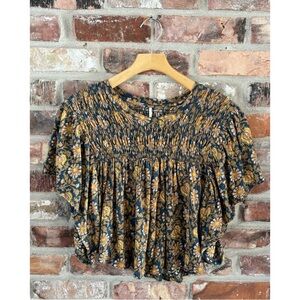 Free People Linen Cotton Printed Ruffled Up Short Sleeve Crop Shirt Top, M